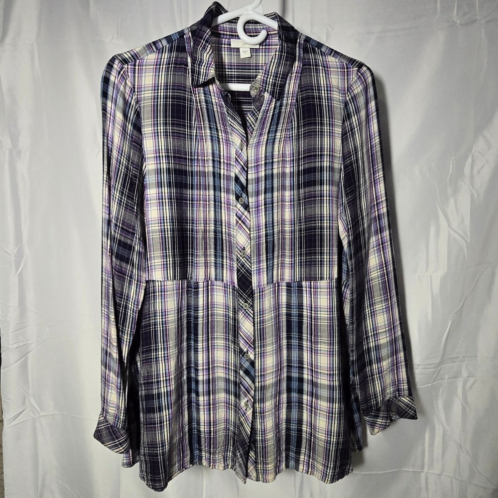 J. Jill Womens Purple Blue Plaid Rayon‎ Button Down Tunic Blouse Small shirt